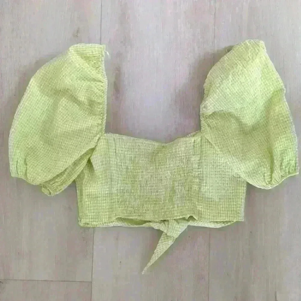 ZARA | Lime/Yellow Gingham Checkered Puff Sleeved  Crop Top - Picture 6 of 8